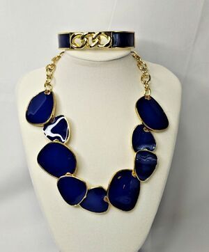 Kenneth Jay Lane Blue Enamel & Gold Tone Necklace & Bracelet Set Elegant Costume